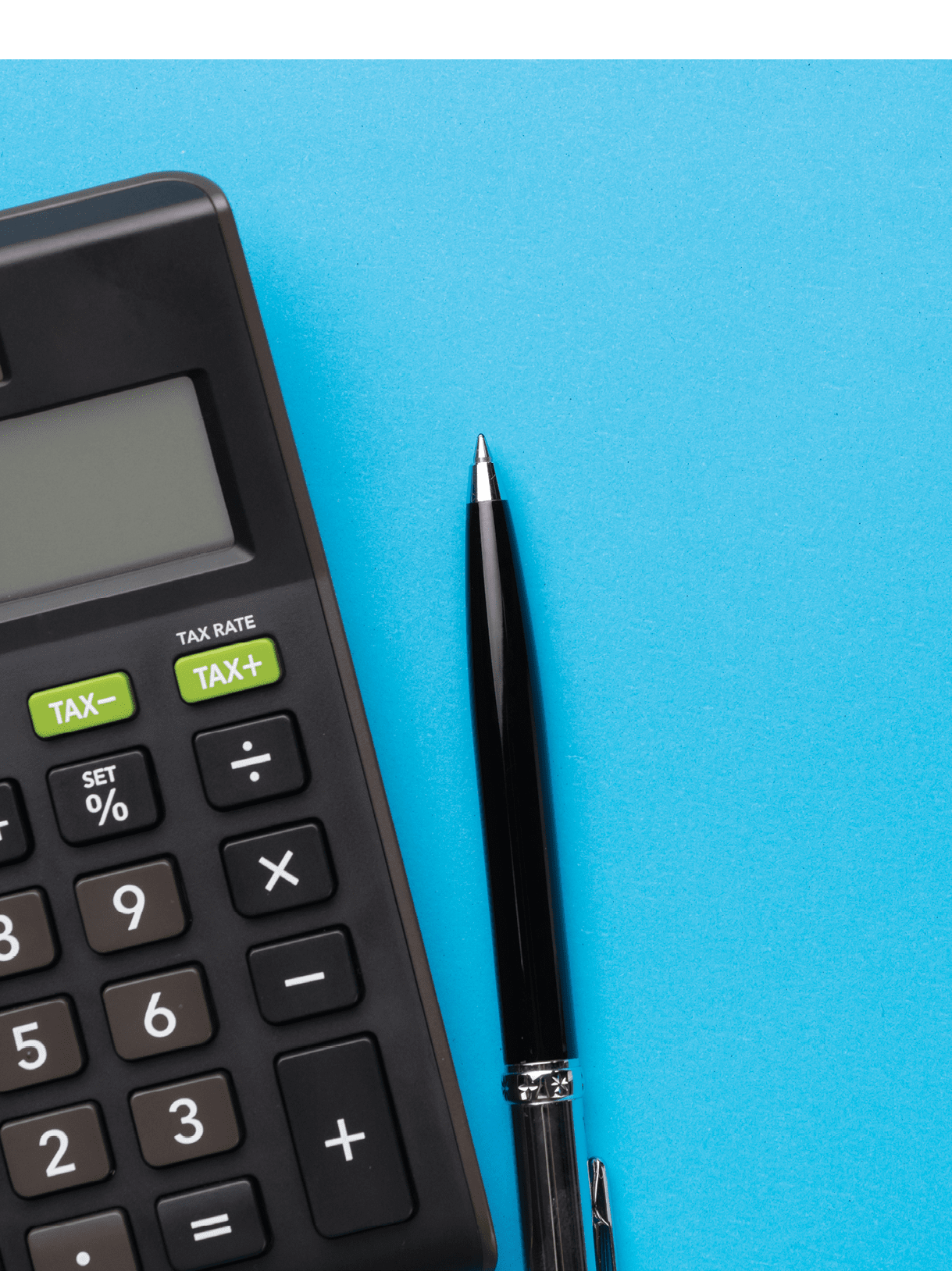 Financial activity, accounting, tax calculation or saving and investment, black calculator with pen on solid blue background with copy space.