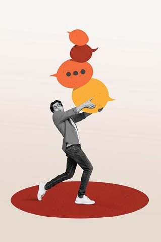 Collage 3d image of pinup pop retro sketch of funny funky guy holding many people feedbacks isolated beige color background