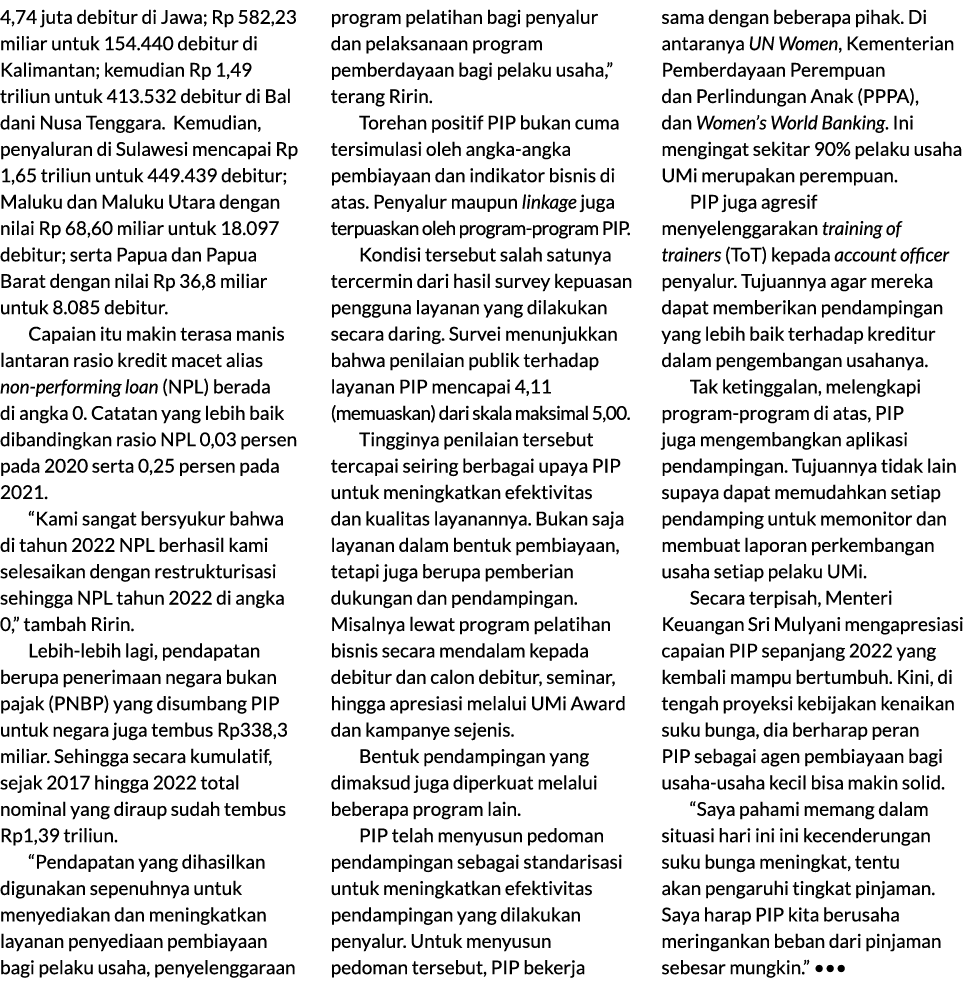 4,74 juta debitur di Jawa; Rp 582,23 miliar untuk 154.440 debitur di Kalimantan; kemudian Rp 1,49 triliun untuk 413.5...