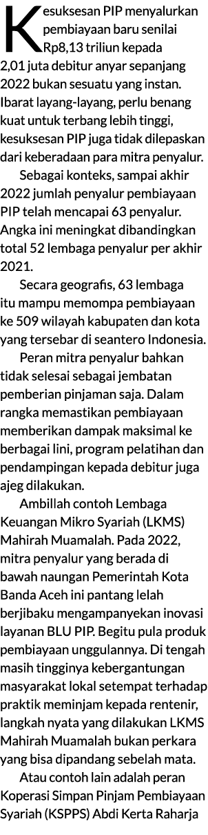 Kesuksesan PIP menyalurkan pembiayaan baru senilai Rp8,13 triliun kepada 2,01 juta debitur anyar sepanjang 2022 bukan...
