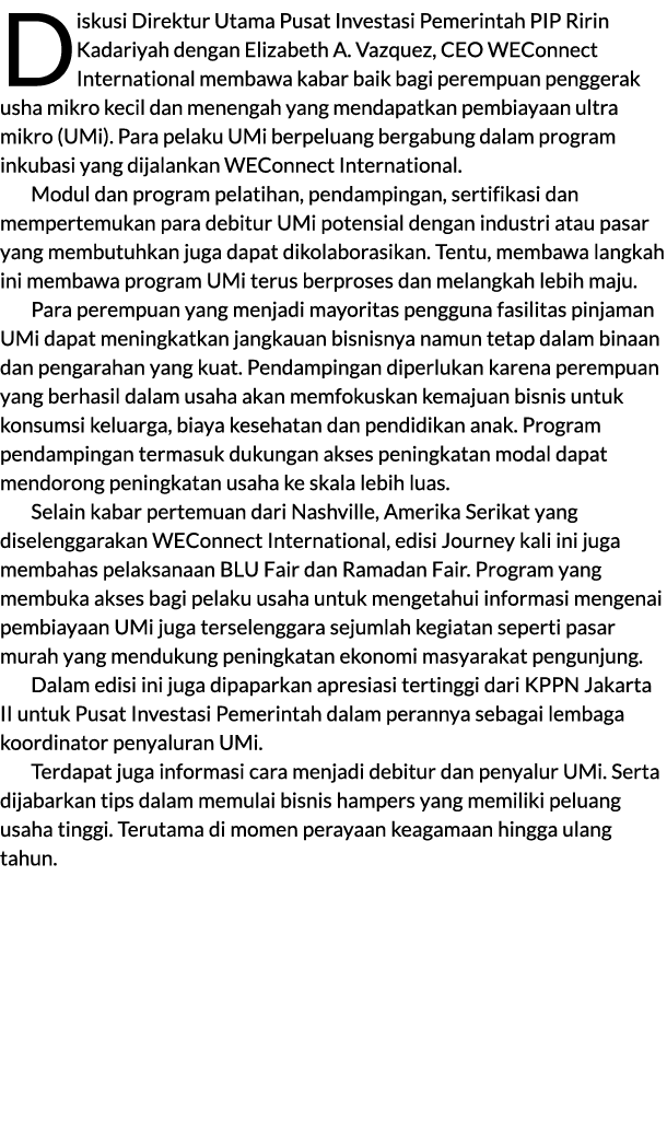 Diskusi Direktur Utama Pusat Investasi Pemerintah PIP Ririn Kadariyah dengan Elizabeth A. Vazquez, CEO WEConnect Inte...