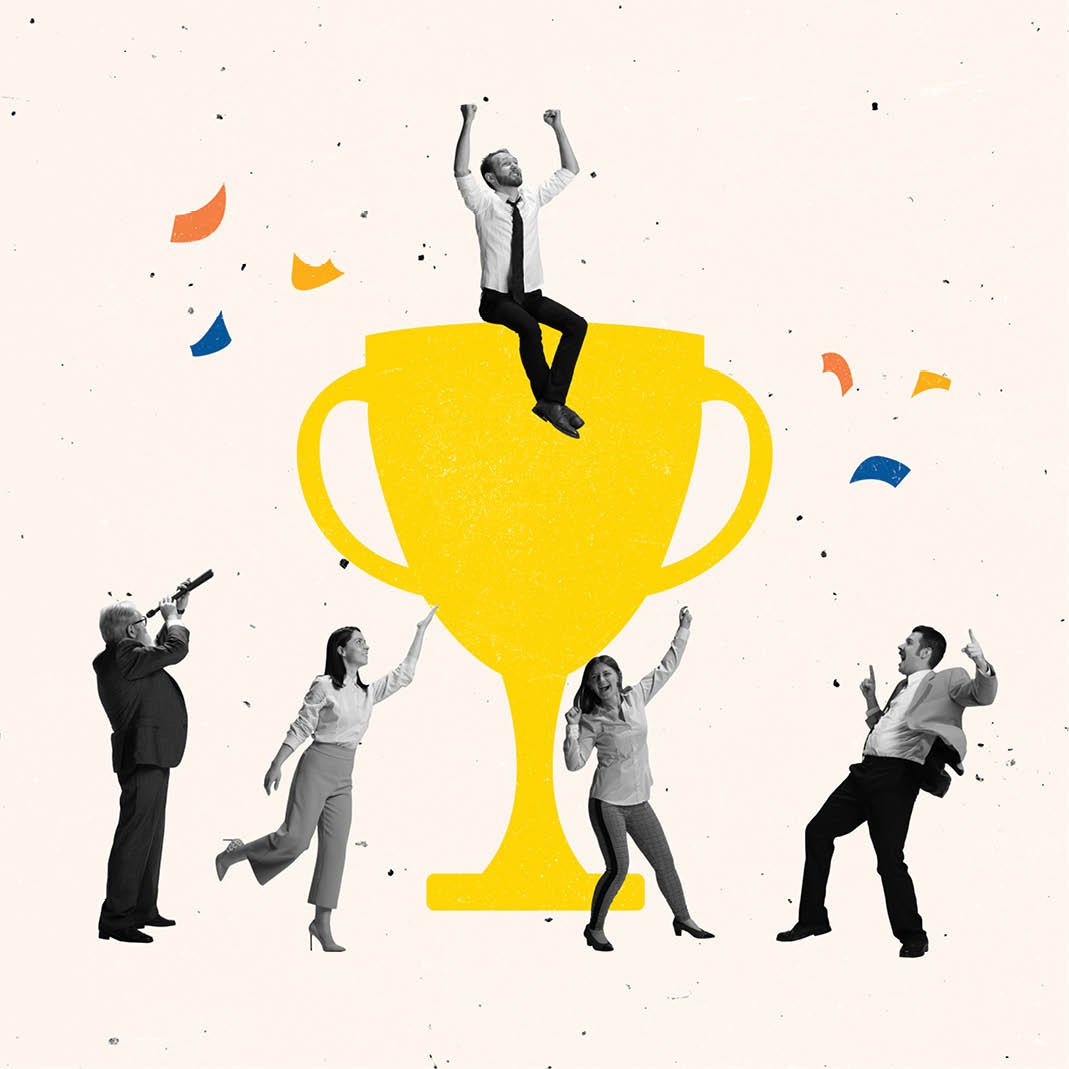 Creative design, contemporary art collage of group of people celebrating victory, dancing around gold cup trophy symbol. Concept of win, competition, achievement, happiness, support. Copy space for ad