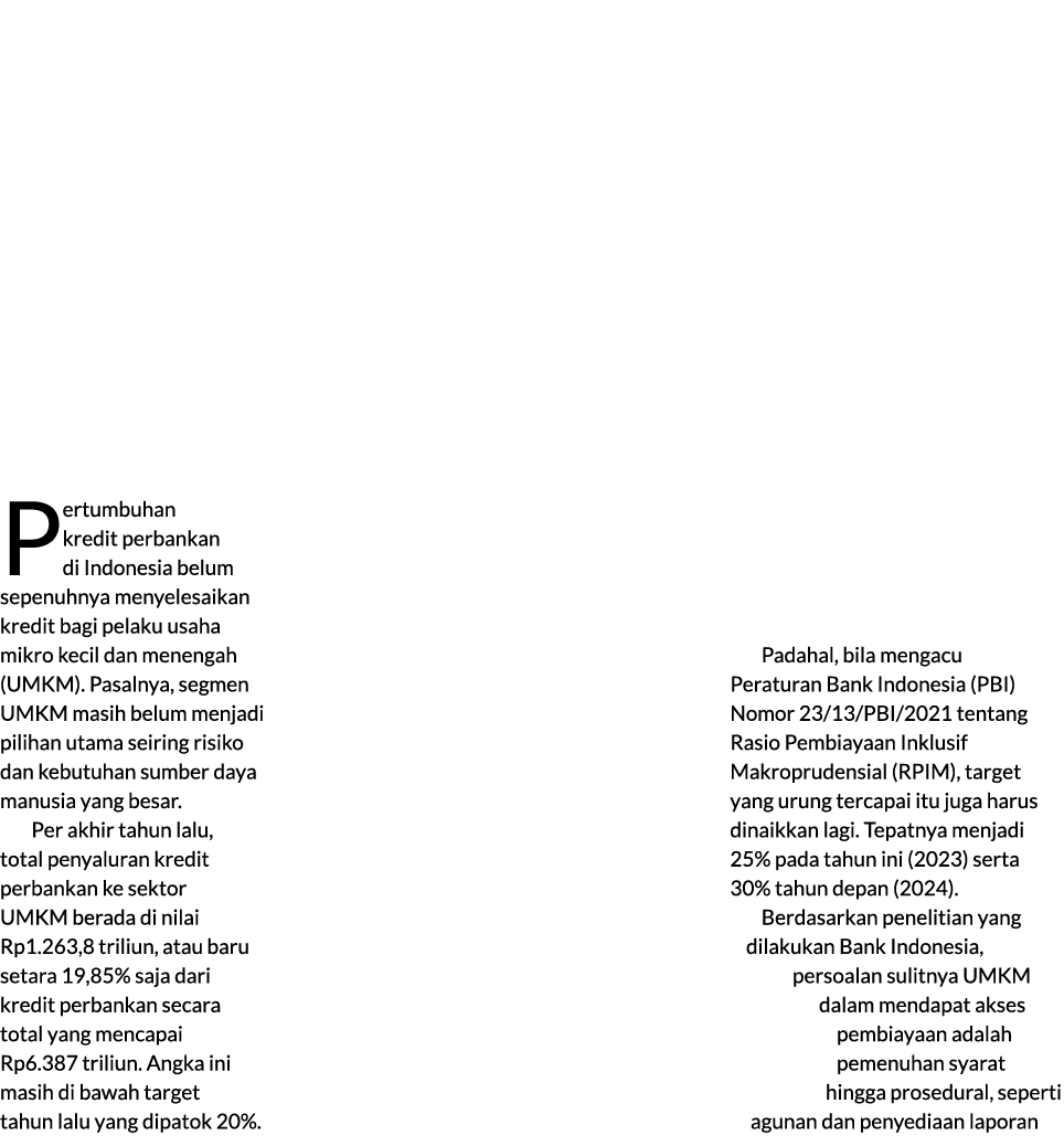 Pertumbuhan kredit perbankan di Indonesia belum sepenuhnya menyelesaikan kredit bagi pelaku usaha mikro kecil dan men...