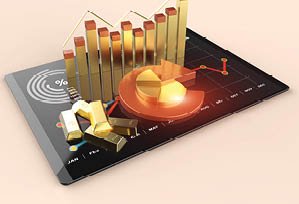 Investment in gold in financial markets commodities. Golden bars with chart and rising value arrow background. Economic analysis and prediction of price growth in tablet 3D illustration