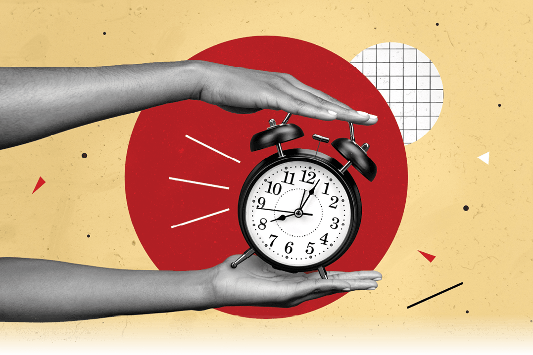 Composite collage picture of hands black white colors hold demonstrate vintage classic clock isolated on creative background