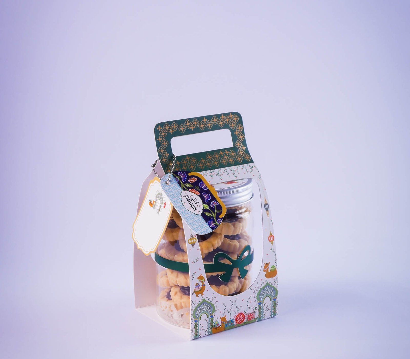 Ramadhan Hampers moslem theme for celebrate the holy, bake snack, bakery, cookies. with greeting card and blue accessories on white background