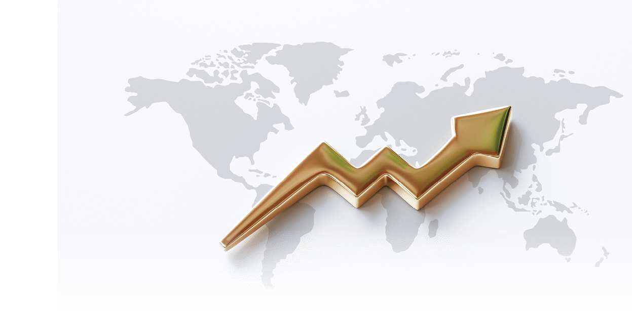 Gold arrow chart of global business and world market stock finance or golden financial money investing graph on success profit concept background with wealth economy graphic symbol. 3D rendering.