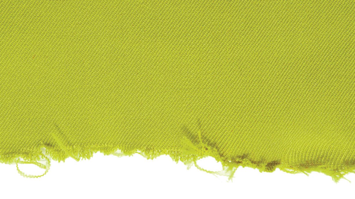 Yellow green background with torn ragged edge. Frame isolated on a white background. Fabric texture, sewing material, torn cloth. Cut piece of fabric. Template, background, empty space.
