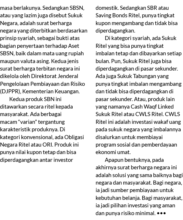 masa berlakunya. Sedangkan SBSN, atau yang lazim juga disebut Sukuk Negara, adalah surat berharga negara yang diterbi...