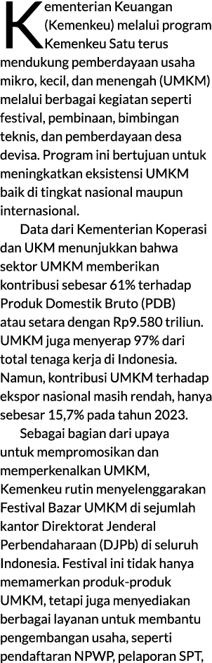Kementerian Keuangan (Kemenkeu) melalui program Kemenkeu Satu terus mendukung pemberdayaan usaha mikro, kecil, dan me...