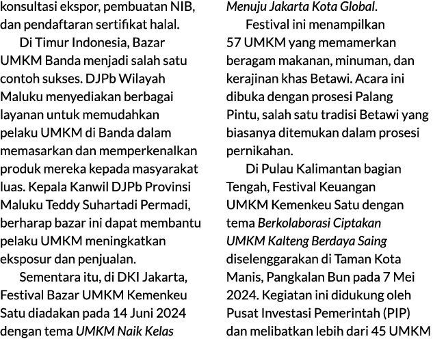 konsultasi ekspor, pembuatan NIB, dan pendaftaran sertifikat halal. Di Timur Indonesia, Bazar UMKM Banda menjadi sala...