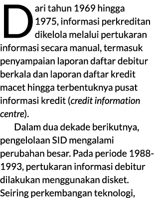 Dari tahun 1969 hingga 1975, informasi perkreditan dikelola melalui pertukaran informasi secara manual, termasuk peny...