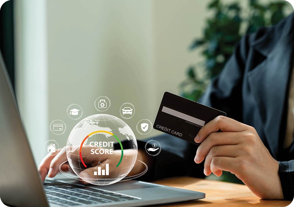 Credit score concept, Businesswoman using laptop with credit score for student loan, mortgage and payment cards.