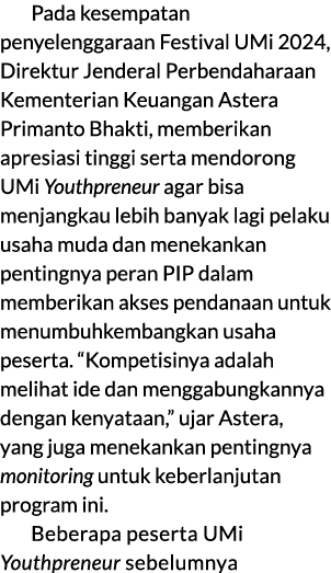 Pada kesempatan penyelenggaraan Festival UMi 2024, Direktur Jenderal Perbendaharaan Kementerian Keuangan Astera Prima...
