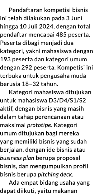 Pendaftaran kompetisi bisnis ini telah dilakukan pada 3 Juni hingga 10 Juli 2024, dengan total pendaftar mencapai 485...