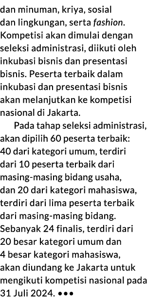 dan minuman, kriya, sosial dan lingkungan, serta fashion. Kompetisi akan dimulai dengan seleksi administrasi, diikuti...