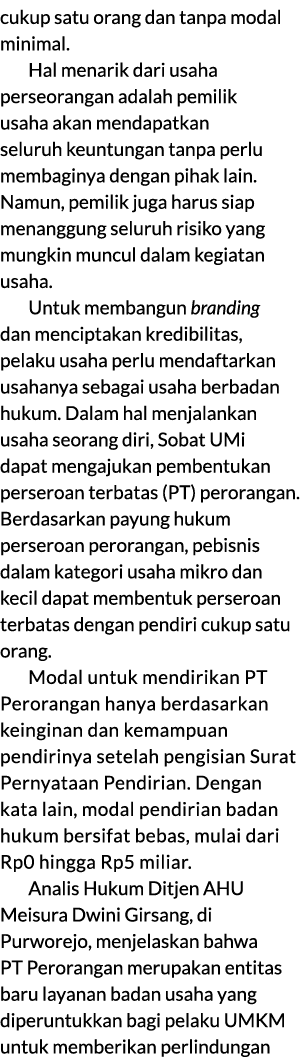 cukup satu orang dan tanpa modal minimal. Hal menarik dari usaha perseorangan adalah pemilik usaha akan mendapatkan s...