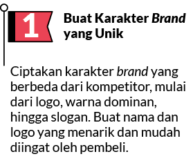 Ciptakan karakter brand yang berbeda dari kompetitor, mulai dari logo, warna dominan, hingga slogan. Buat nama dan lo...