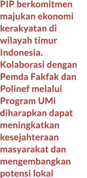 PIP berkomitmen majukan ekonomi kerakyatan di wilayah timur Indonesia. Kolaborasi dengan Pemda Fakfak dan Polinef mel...