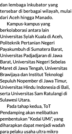dan lembaga inkubator yang tersebar di berbagai wilayah, mulai dari Aceh hingga Manado. Kampus kampus yang berkolabor...