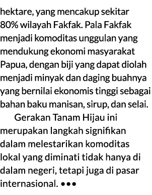 hektare, yang mencakup sekitar 80% wilayah Fakfak. Pala Fakfak menjadi komoditas unggulan yang mendukung ekonomi masy...