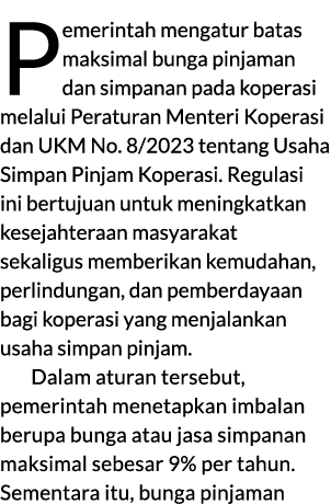 Pemerintah mengatur batas maksimal bunga pinjaman dan simpanan pada koperasi melalui Peraturan Menteri Koperasi dan U...